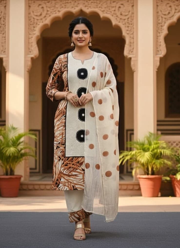 Model wearing an ivory and brown co-ord suit set with dupatta